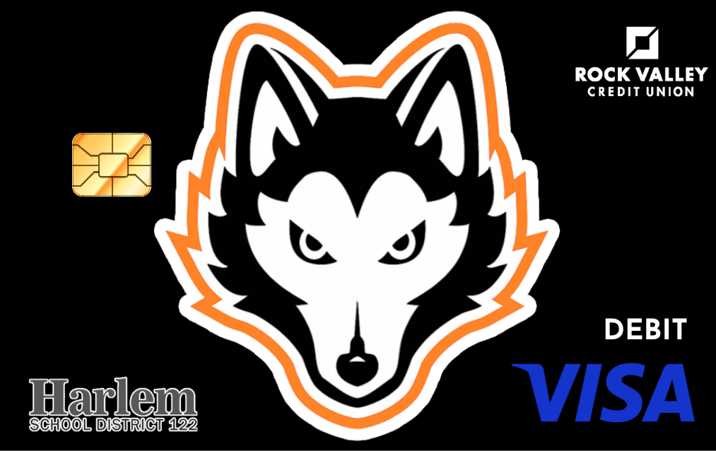 A black debit card co branded with Rock Valley Credit Union and Harlem School District. There is a huskie head with orange outline.