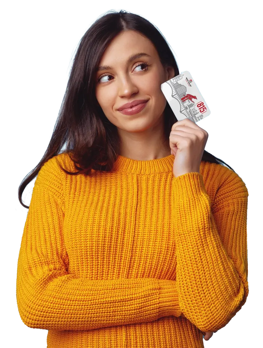 woman in yellow sweater holding 815 debit card